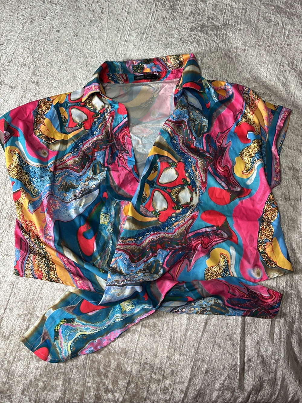 Vibrant Multicolor Short Sleeve Satin Blouse